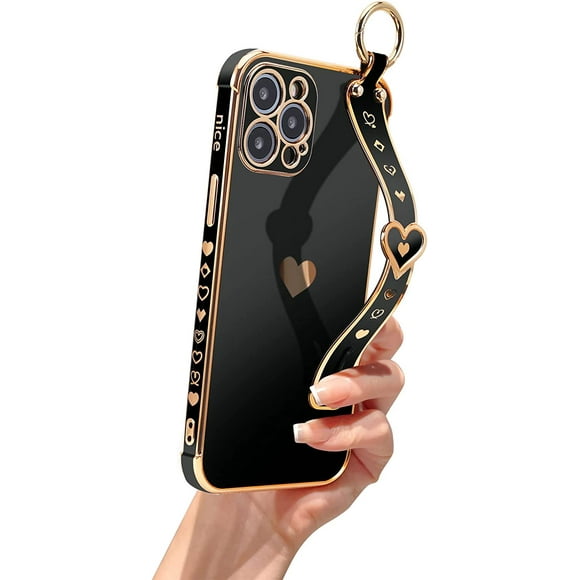 Jusy Compatible with iPhone 11 Pro Max Case with Strap, Luxury, Soft TPU Shockproof, Heart Phone Case with Kickstand for Girls Women, Black