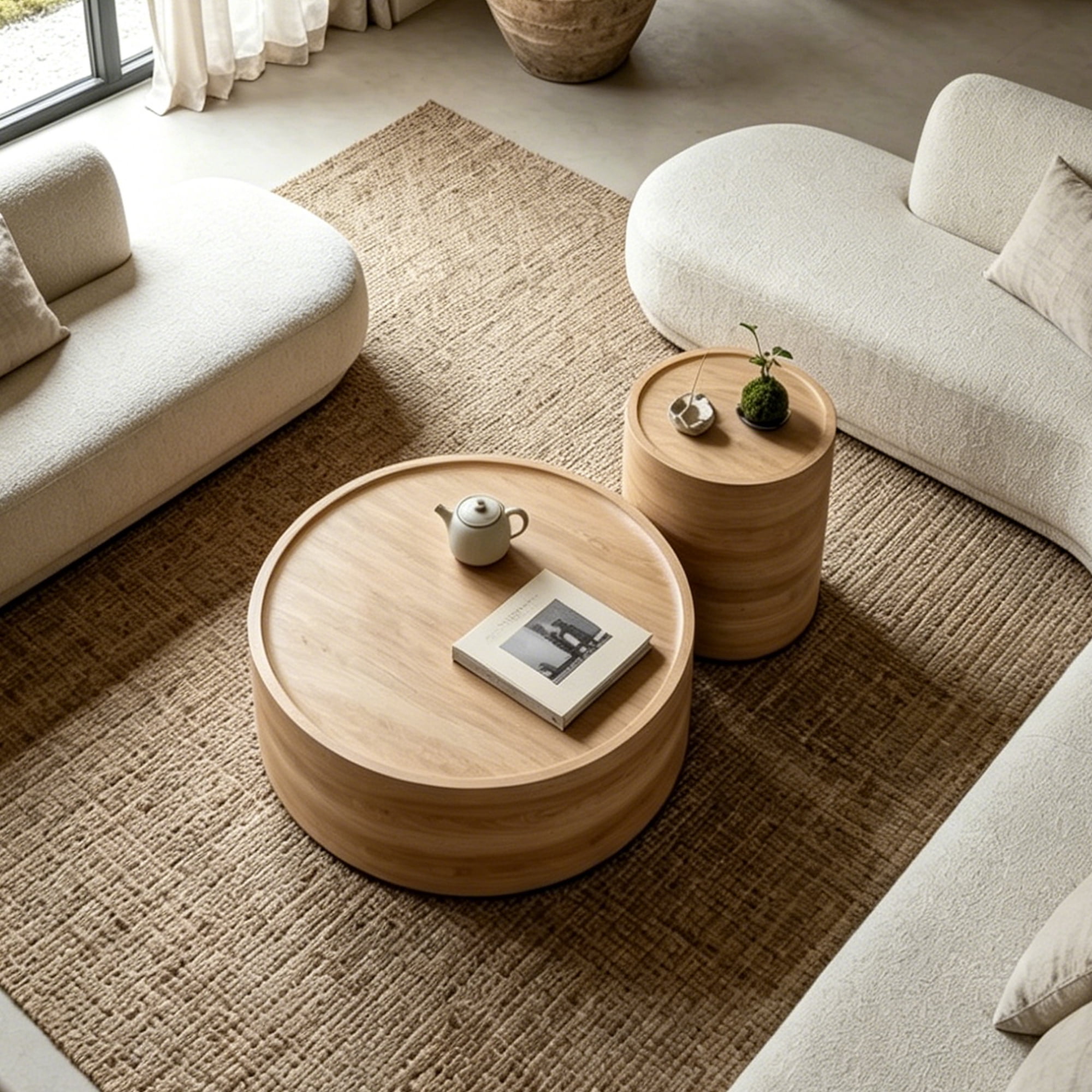 Leumius Round Coffee Table with Natural Wood Grain, Modern Drum Circle Coffee Table for Living Room Bedroom, No Need Assembly Natural 2