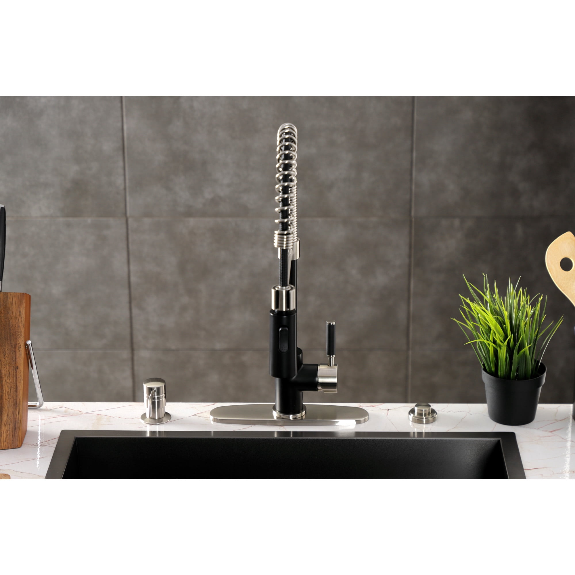 Gourmetier LS8779DKL Kaiser Single-Handle Deck-Mount Pre-Rinse Kitchen Faucet, Matte Black/Brushed Nickel