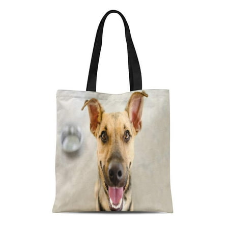 LADDKE Canvas Tote Bag Happy Dog Bowl Is Hungry German Shepherd Waiting Durable Reusable Shopping Shoulder Grocery