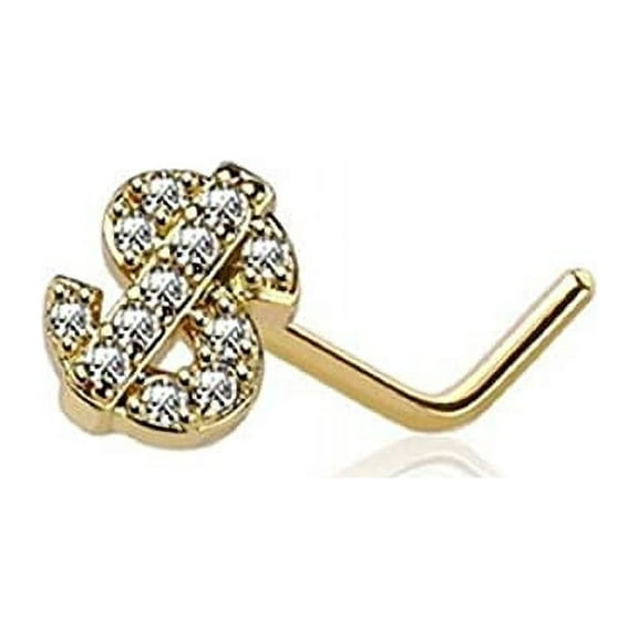 Body Accentz Nose Ring Stud CZ Dollar Sign Shape Top 316L Surgical Steel L Shape Money