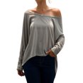 thumbnail image 4 of Women Round Neck Asymmetrical Hem Solid Color Long Sleeve Loose Tee Shirt, 4 of 6