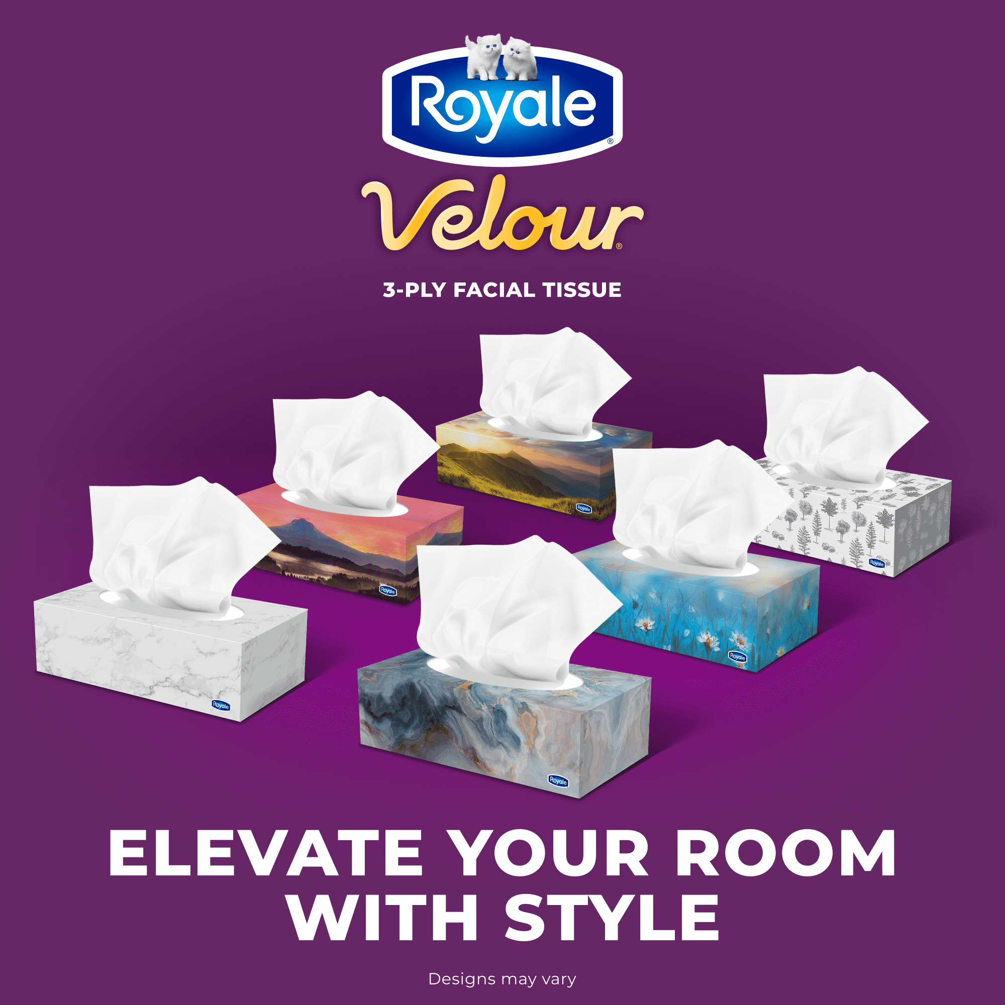 Royale Velour, 3 Ply Facial Tissue, 12 Flat Boxes, 82 Tissues per Box