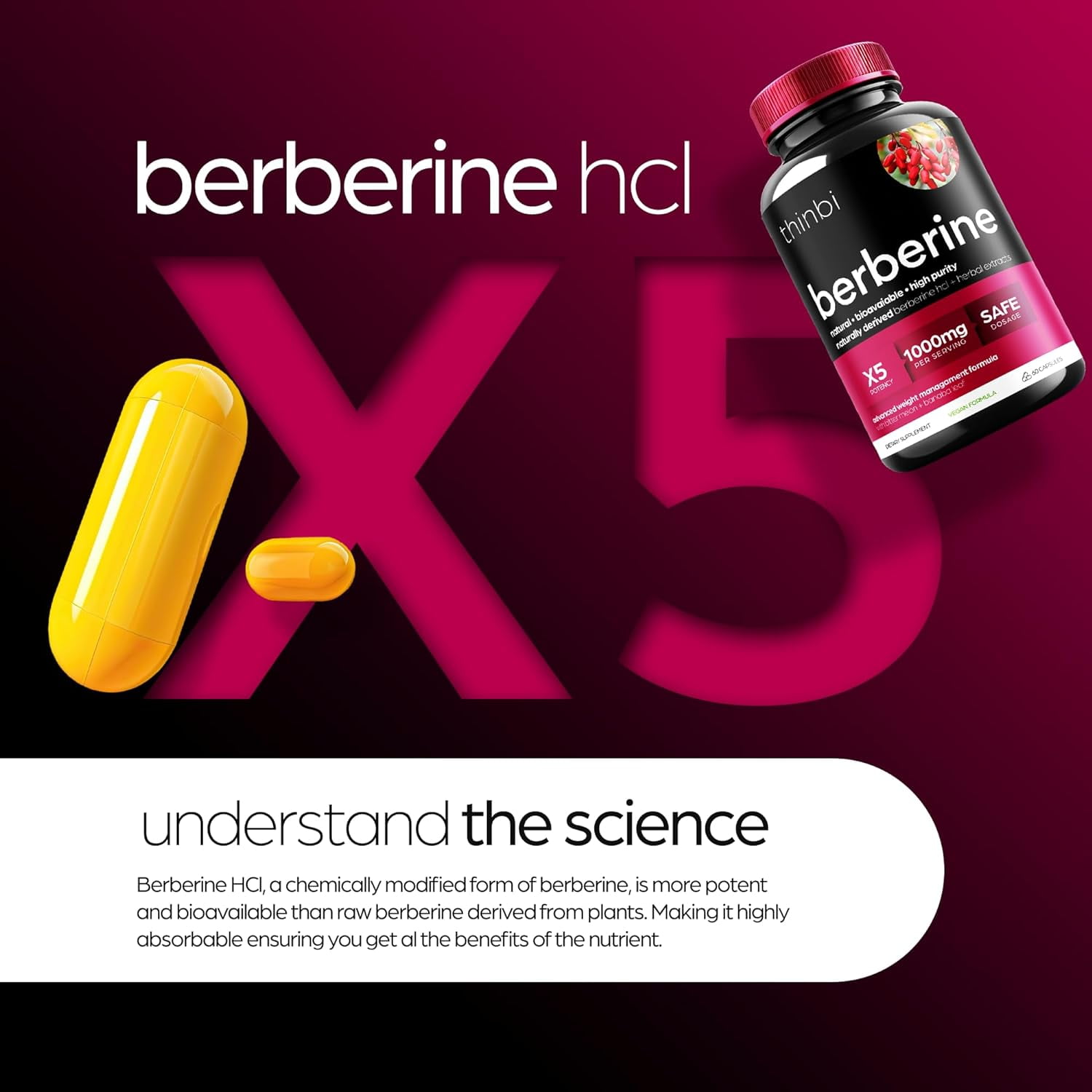 Thinbi Berberine Supplement 1000mg Weight Management, 60 Capsules