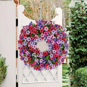 Holloyiver 17.7 Inch Spring Summer Wreath for Front Door, Artificial Wreath with Daisy and Green Eucalyptus Leaves, Large Flower Wreath with Fake Butterflies for Indoor Outdoor Home Decor