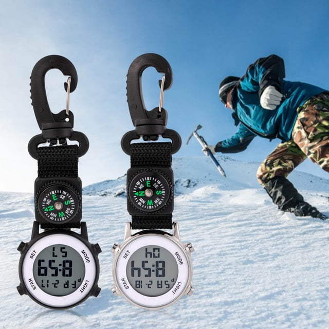 Pocket Watch Multifunctional Quartz Movement Life Waterproof Digital Display Accurate Compass Round Dial Sports Hiking Carabiner Pocket Watch Vintage Clock for Daily Life. The image shows two pocket watches with digital displays, attached to black carabiner clips and featuring built-in compasses. One watch has a silver-tone case, while the other has a black case. Both are displayed against a snowy mountain backdrop with a climber in the background, emphasizing their suitability for outdoor activities like hiking and climbing.
