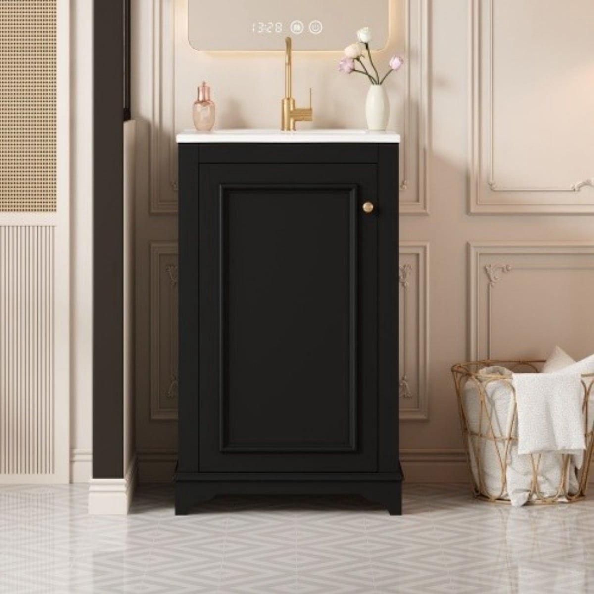 20" Bathroom Vanity with Ceramic Sink, Freestanding Bathroom Vanity Cabinet with Adjustable Shelf, Soft Close Door, Solid Wood Frame, Modern Green Vanity for Small Bathroom, Black