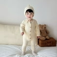 thumbnail image 2 of FYEGRE Wool Knitted Baby Bodysuit with Ribbed Waistband and Hooded Crawling Outfit for Boys and Girls 0-24 Months Beige 3-6 Months, 2 of 9