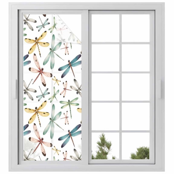 Dragonfly Window Privacy Film, Watercolor Colorful Nature Painting Art Static Cling UV Sun Blocking Heat Control Window Tint Day and Night, Non-Adhesive One Way Windows Privacy Cover 29.5''x78.7''