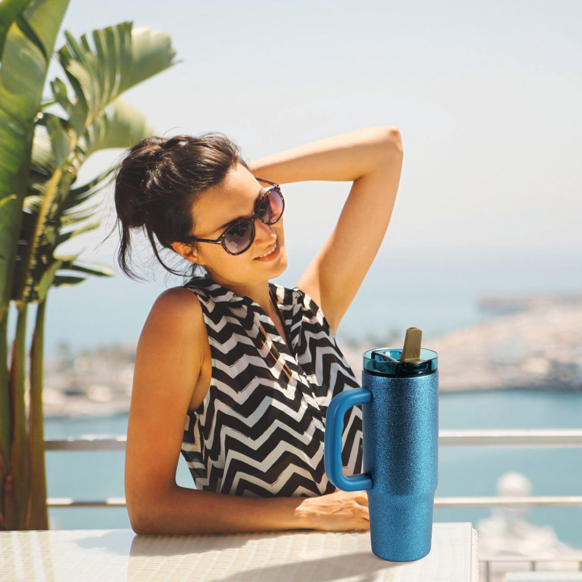 Ozark Trail 30 oz Limited Edition Stainless Steel Insulated Tumbler with Handle, Blue Glitter