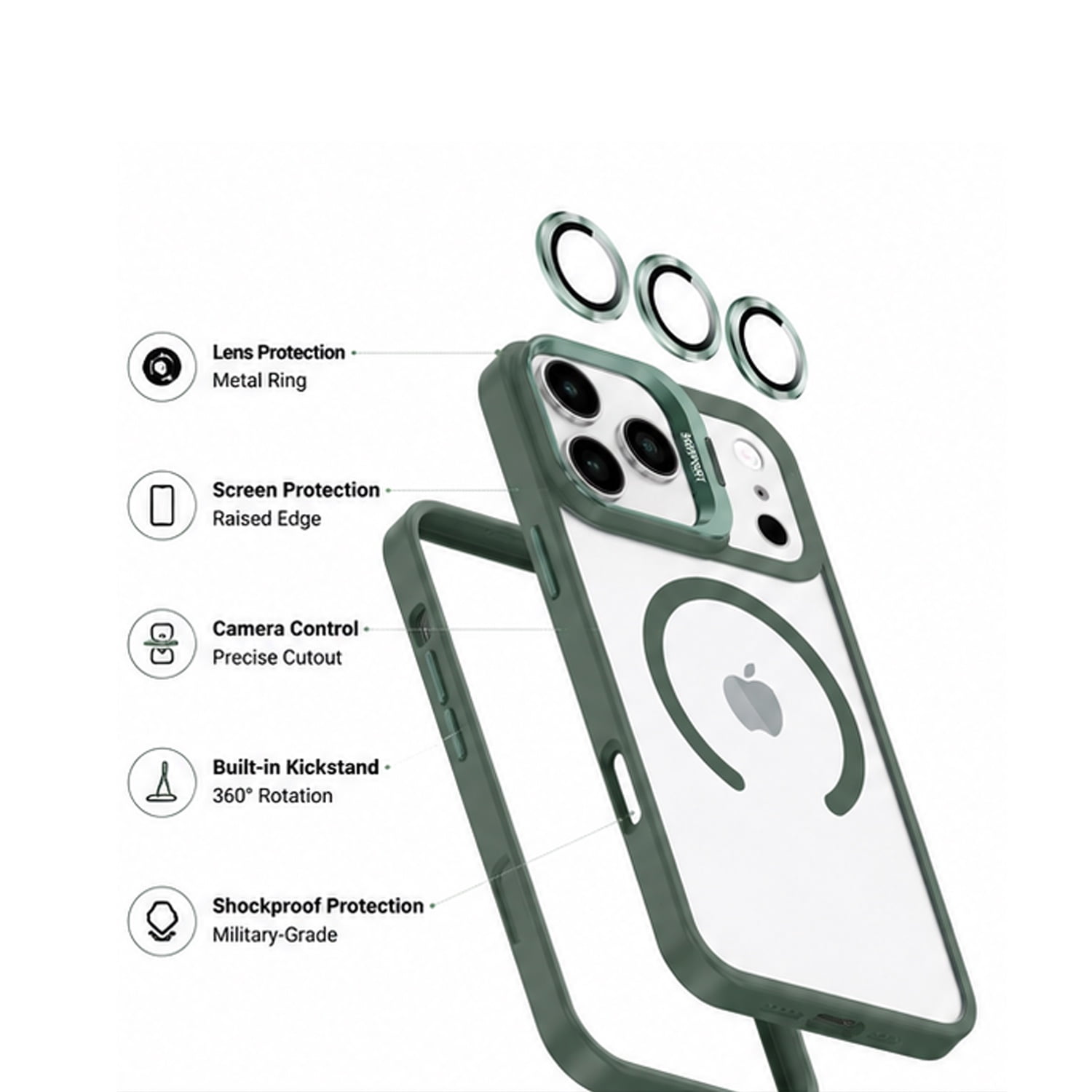 Transparent Magnetic Camera Stand Case for iPhone 17 Pro Max - Dark Green
