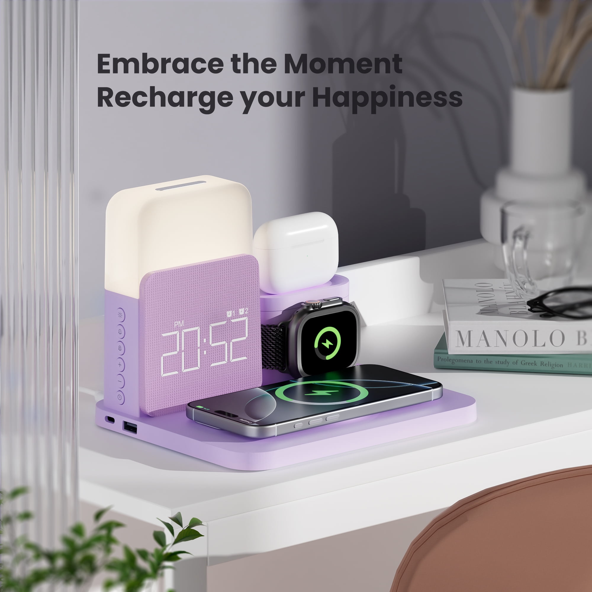 Wireless Charging Station 7 in 1 Compatible for iPhone 17/16/15/14/13/12 Pro Max, Apple Watch & AirPods with Alarm Clock, Night Light Purple