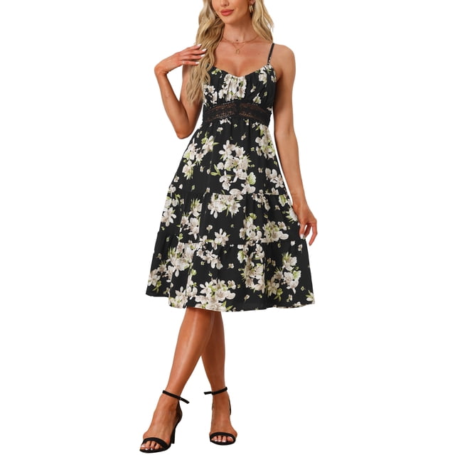 Vestido midi floral negro de tirantes delgados con escote en V y espalda fruncida de INSPIRE CHIC para mujer, talla XS