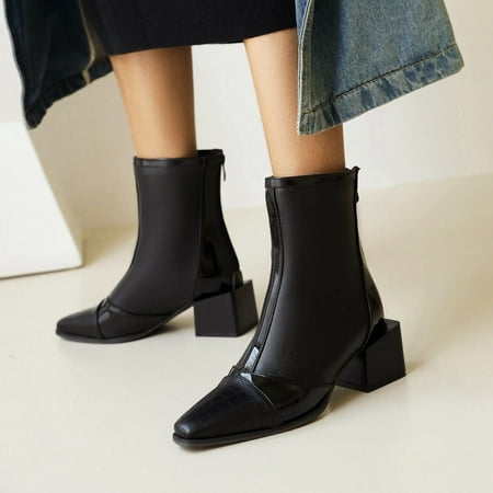 

Women s Midrange Winter Leather Stitching Square With Fleece Patchwork Back Zipper Rider s Boot