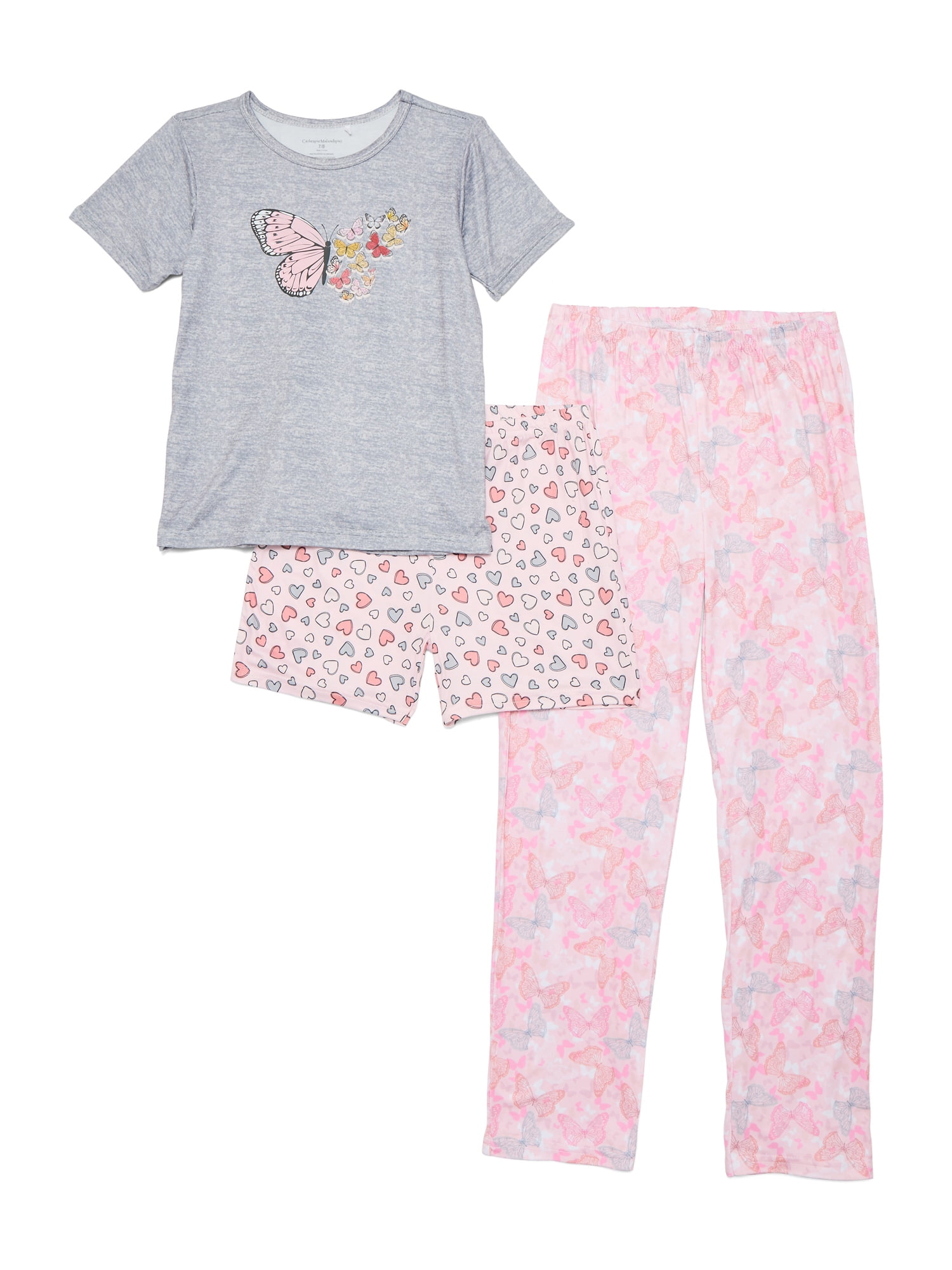 Catherne Malandrino Girls Short Sleeve Top, Pant and Shorts with Bonus Scrunchie 4-Piece Pajama Set, Sizes 4-16