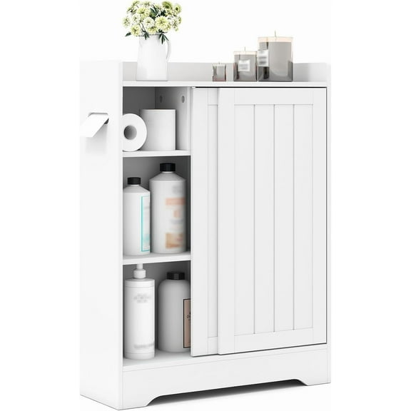 Jeskie Bathroom Storage Cabinet, Slim Floor Cabinet with Toilet Paper Holders, Brush Compartment & Adjustable Shelves Next to Toilet, Sliding Door Cabinet for Small Spaces (White)