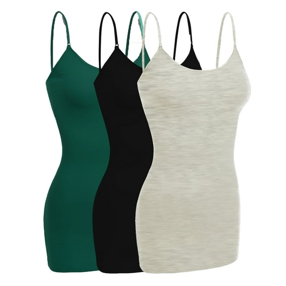 Emmalise Women Camisole Built in Bra Wireless Fabric Support Long Layering Cami, Small, 3Pk Black, Green Teal, Oatmeal