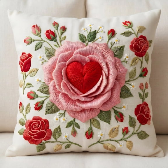 Valentine's Day Embroidered Heart Rose Square Pillowcase 45X45Cm, Decorative Pillow Cover For Teens, Valentine's Day Decorative Cushion Cover (No Insert)