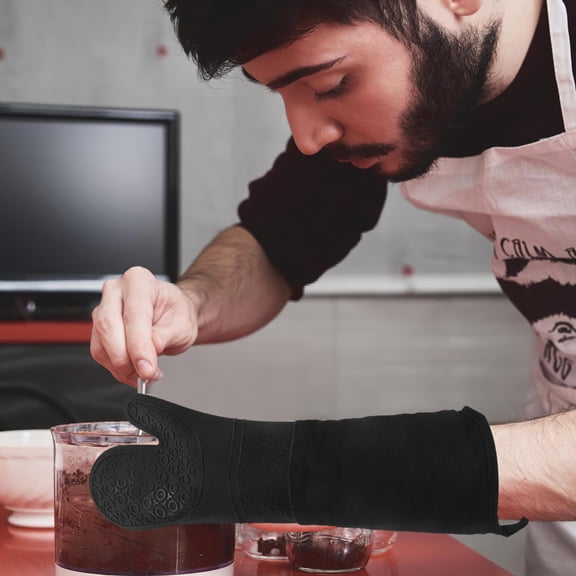 BESTYASH 1Pair Black Silicone Oven Mitts Water Resistant Heat Resistant for Cooking