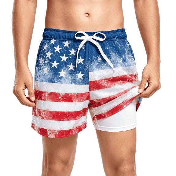 PRfgtbd Boys Swim Trunks Independence Day Striped Stars Print Swimwear Beach Shorts With Compression Liner For Kids Summer Pool Party 2-3 Years