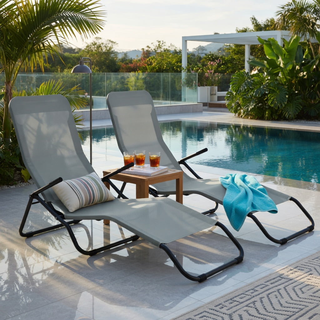 Hommoo 2-Pack Folding Patio Chaise Loungers with Rocking Motion, Heavy-Duty Steel Frame, Breathable Fabric, Easy-Store Design for Backyard, Poolside & Garden, Gray