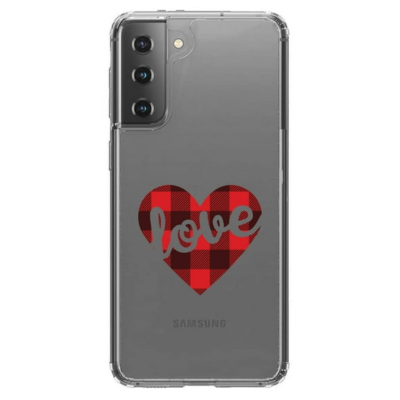 DistinctInk Clear Shockproof Hybrid Case for Galaxy S21 5G (6.2" Screen) - TPU Bumper Acrylic Back Tempered Glass Screen Protector - Buffalo Love Heart - Red Black Plaid