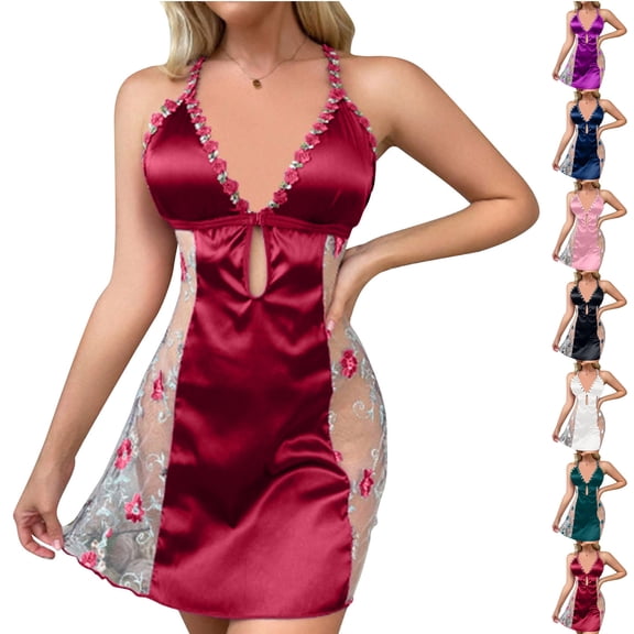 Women Nightgown Sleepwear Lace Chemise V-neck Lounge Dress White M
