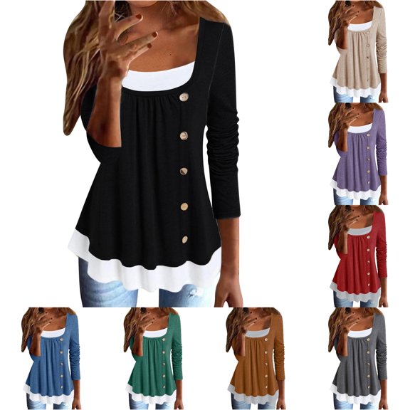 HCYSFG Womens Solid Color T Shirts Square Neck 3/4 Sleeve Layered Hem Button Detail Casual Tees Loose Fit Classic Everyday Fall Tops