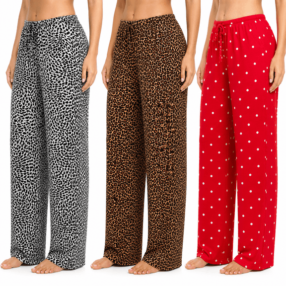 Daresay Women’s Lounge Pants 3-Pack, Soft Stretch Pajama Bottoms with Adjustable Drawstring Waist, Printed Wide Leg Sleep Pants, Sizes S-2XL