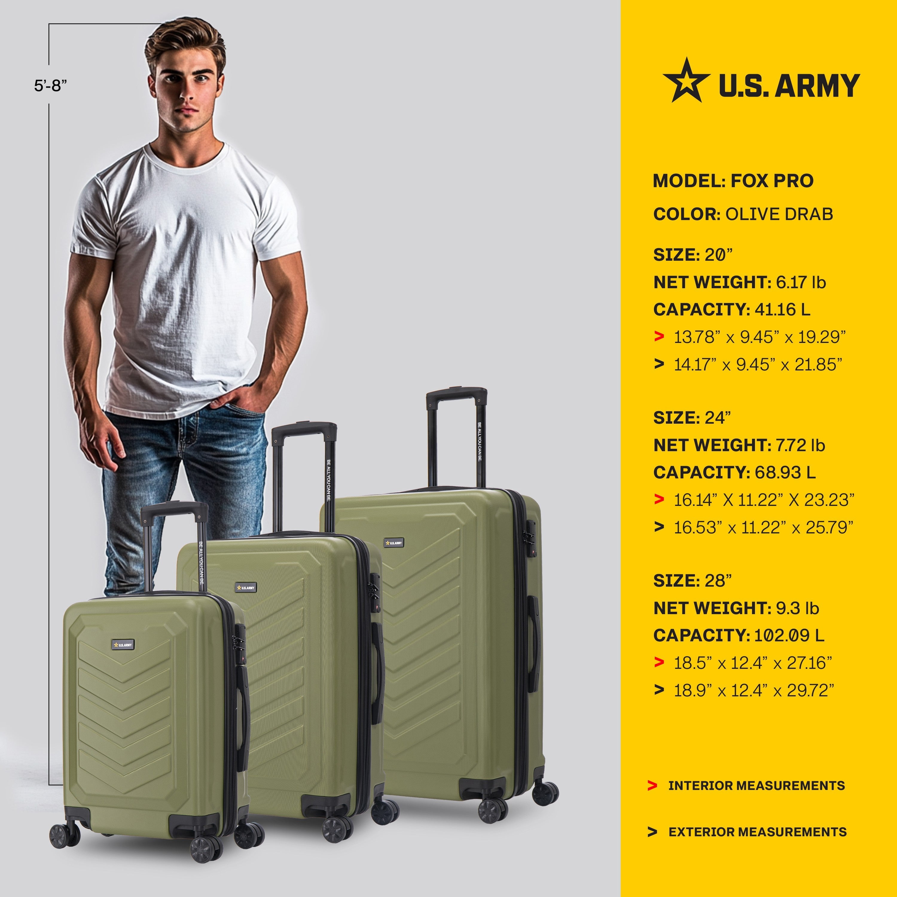 US ARMY FOX PRO 3-piece Luggage Set 20"/24"/28" Expandable Suitcases with TSA Lock Olive Drab