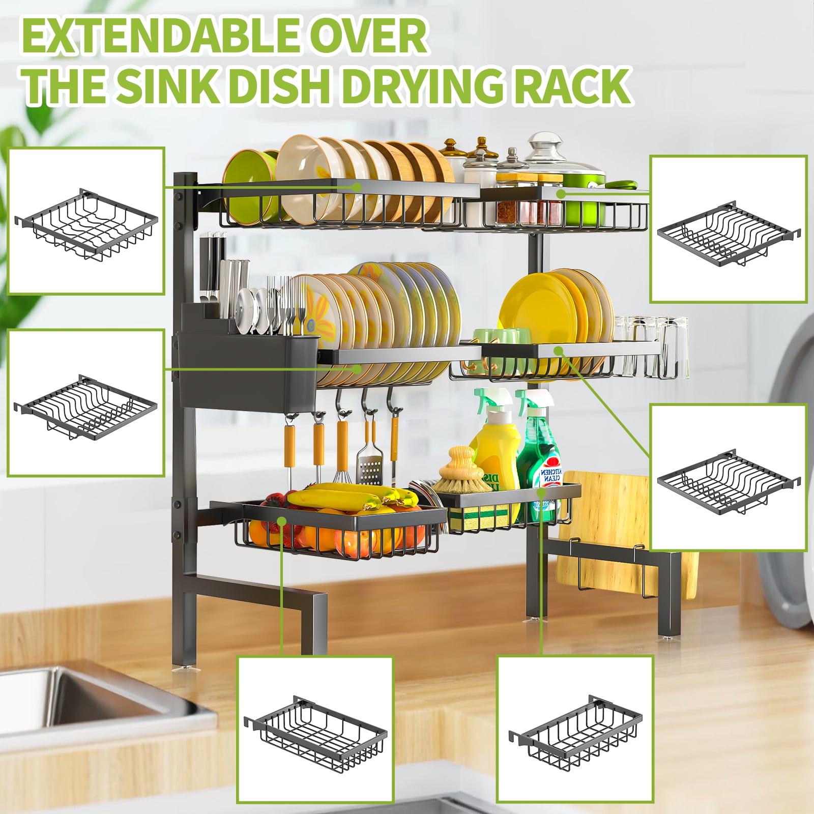 Over The Sink Dish Drying Rack, 24.8"-35.4" Expandable Length & Height,3-Tiers Large Dish Drying Rack Stainless Steel Dish Racks for Kitchen Counter