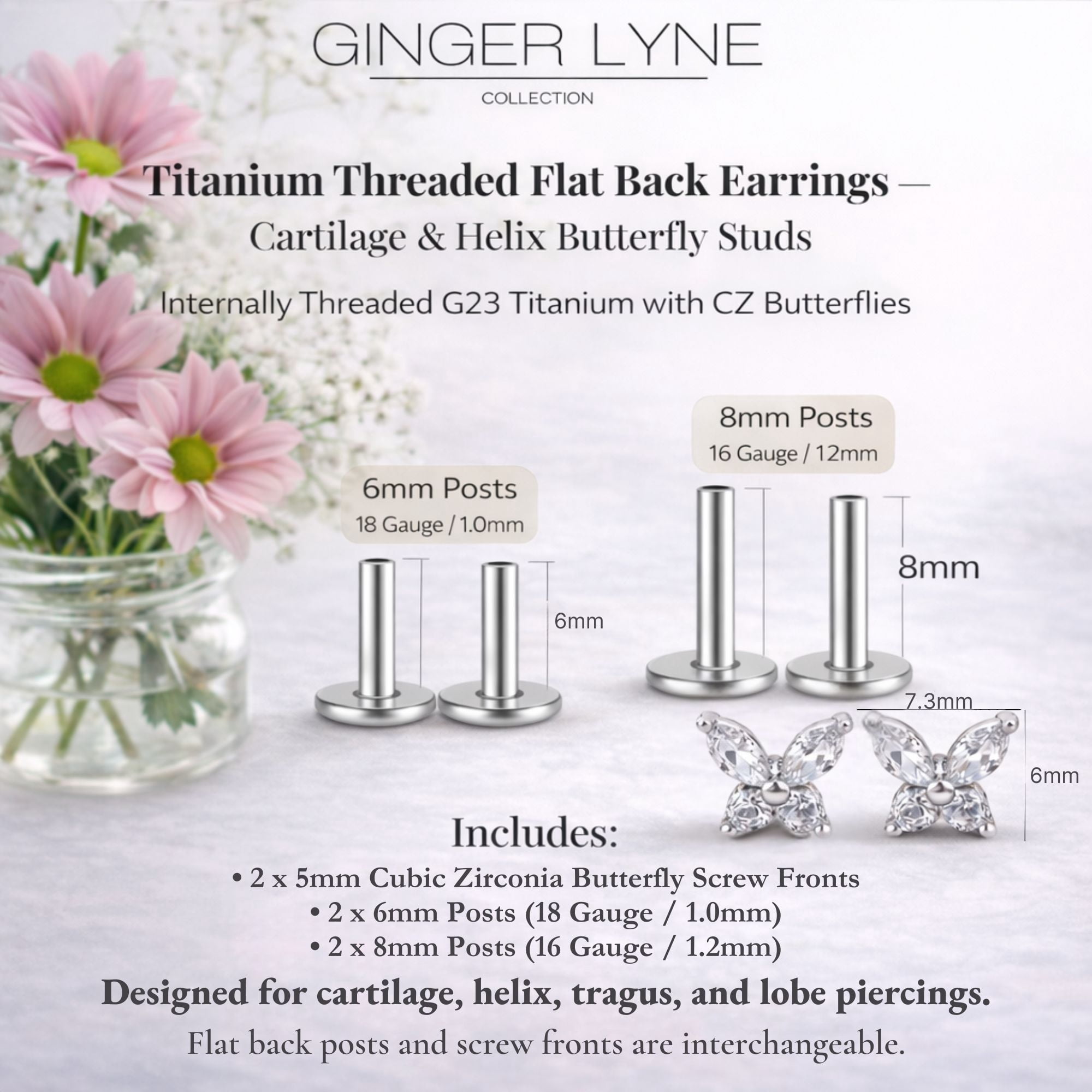 Small Butterfly CZ Solitaire Flat Back Stud Earrings Titanium Body Piercings by Ginger Lyne 2 Sets Post 6mm 8mm