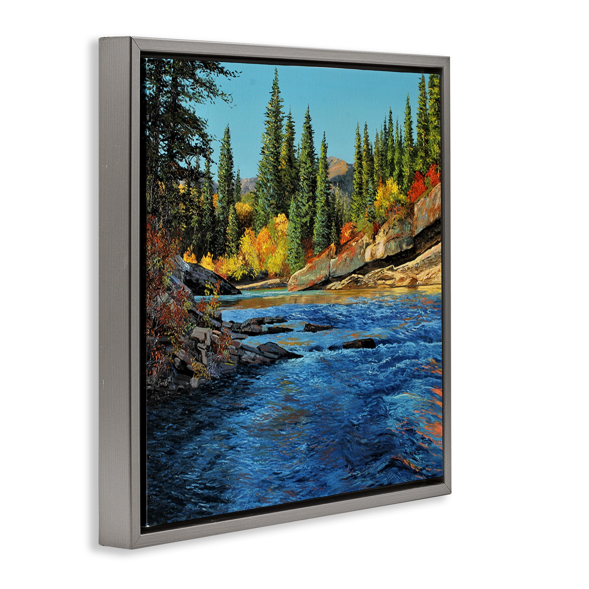 Stupell Industries Morning Rushing River Landscape & Nature Painting Gray Floater Framed Canvas Art Print Wall Art, 18 x 18