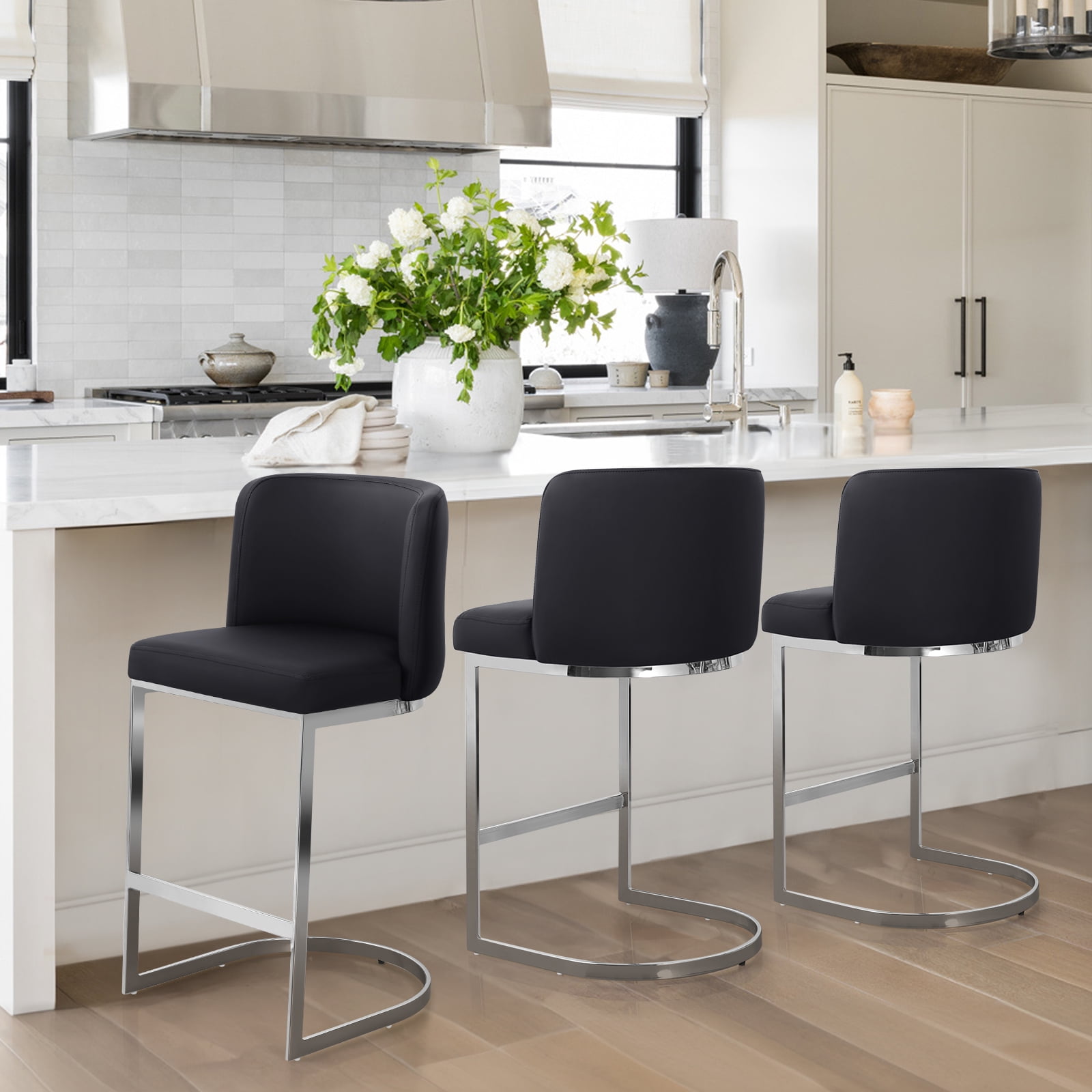 Foreate 26" Counter Height Bar Stools Set of 3 Modern Counter Stools with Back and C-Shaped Metal Frame, Upholstered Faux Leather Bar Chairs Island Stools for Kitchen Counter, Home Bar, Pub, Black