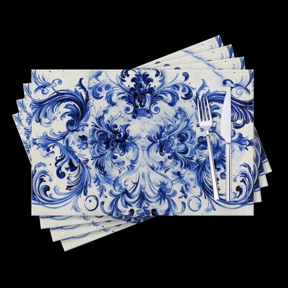 BaHomeck placemats Set of 4 Blue And White Pattern With Swirls Cotton Linen rectangle Placemats for Kitchen Dining Table Indoor,Outdoor,18*12inch