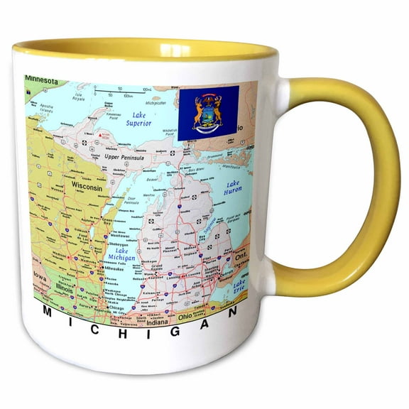 3drose, Image of Topographic Map of Michigan with State Flag, 11oz Two-tone Yellow Mug