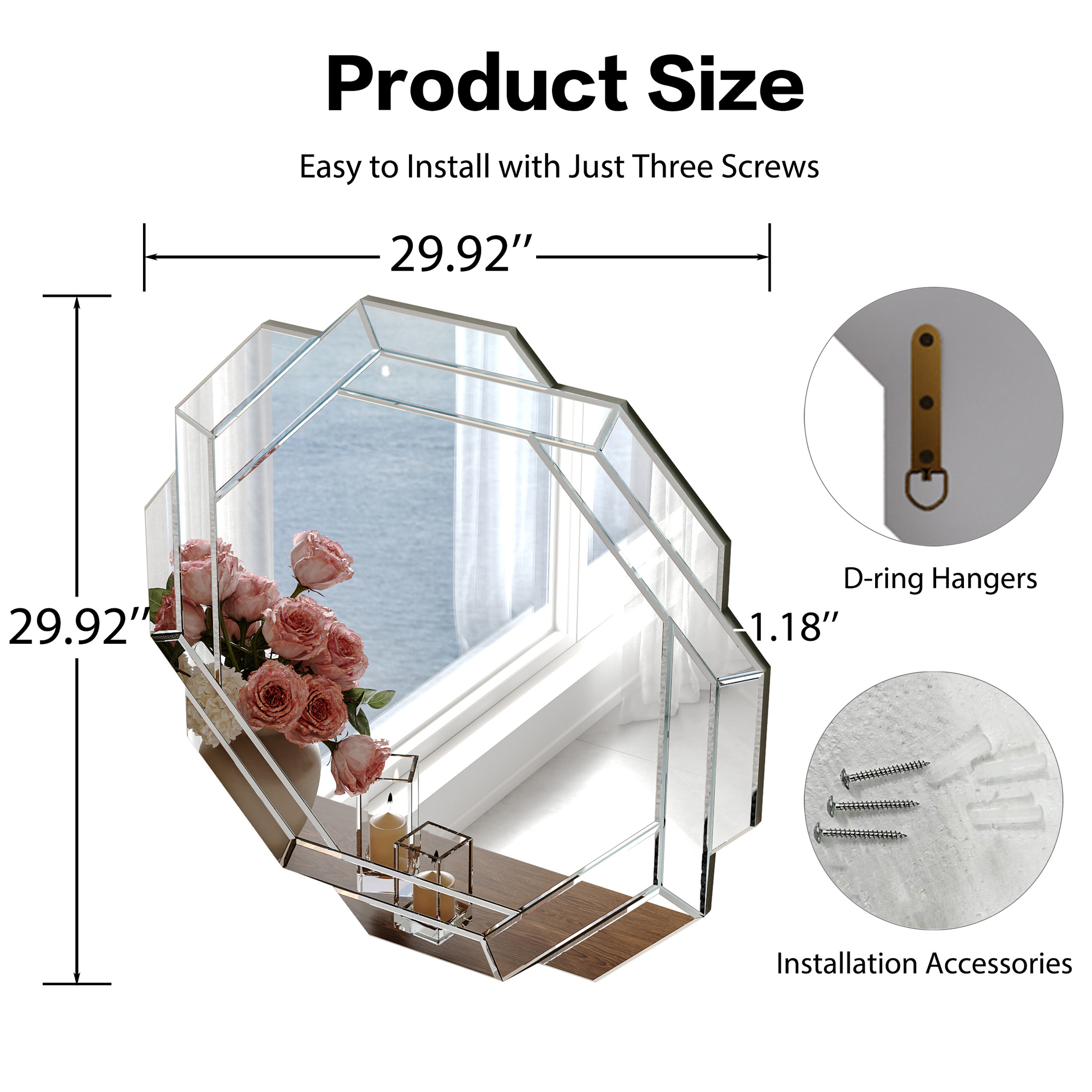 Noble House 29.92" Octagonal Wall Mirror, Frameless Beveled Edge Mirror for Living Room and Bathroom Decor,Silver