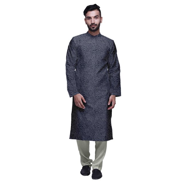 Atasi Ensemble Kurta Traditionnelle en Satin Imprimé Col Mandarin pour Hommes