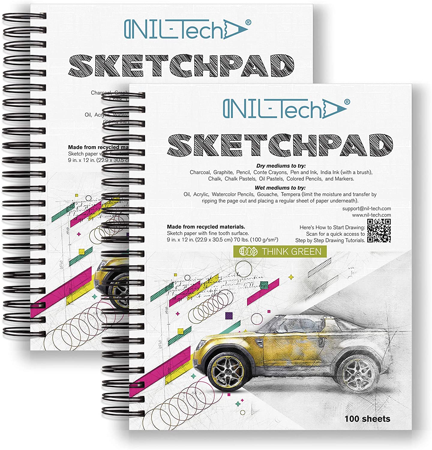 100 Sheets Premium White Paper Sketch Pad - 9x12 Inches (68 lb/100 GSM) Sketchbook  Pad with Spiral Bound for Markers, Gel Pens, Colored Pencils, Chalk,  Crayons, Acrylic Paint, Charcoal and Oil Pastels 