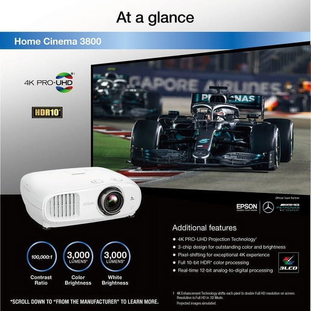 Restored Epson Home Cinema 3800 4K PRO-UHD 3-Chip Projector with HDR (Refurbished)