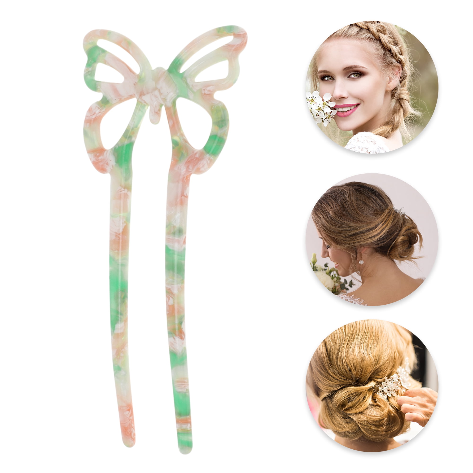 Unique Bargains Butterfly Hair Stick Fork Pins for Women 1 Pc Green, Pink