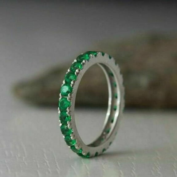  Round Lab created Green Emerald Full Eternity Band Ring 14k White Gold Over