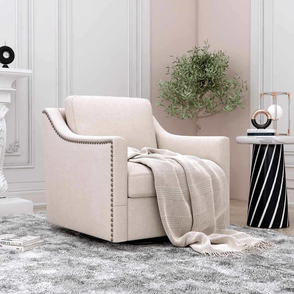 LUCKHAO 360 Degree Swivel Armchair Cotton linen skin-friendly fabric, Ergonomic design Brass nail decorative armchair, Living room chairs, Bedroom chairs,Suitable for indoor homes