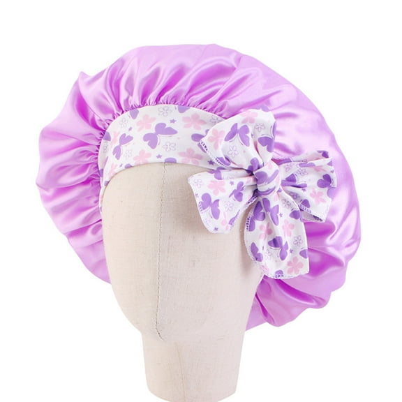 Bowknot Decor Kids Satin Bonnet Elastic Night Sleep Cap Reversible Solid Color