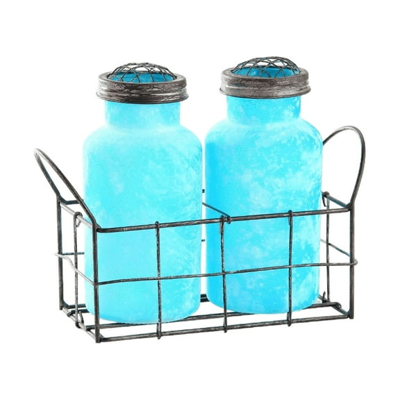 CC Home Furnishings Handblown Glass Vases with Holder - 9" - Blue and Black