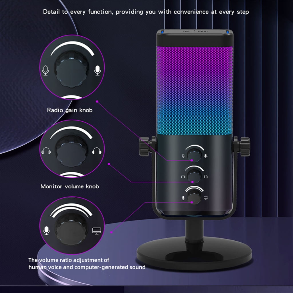 USB Gaming Mic Dynamic RGB Lighting Noise Cancelling For Streaming Podcasts
