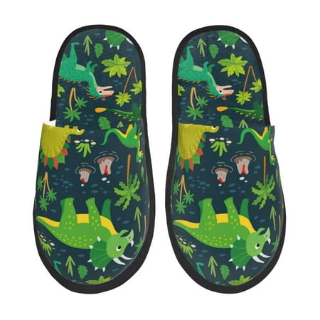 Balery Dinosaurs and Flowers Slient Indoor Furry Fleece Comfort House Shoes Soft Non-Slip Home Shoes Cotton slippers House Slippers-- Large
