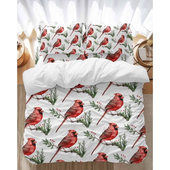 Christmas Cardinal Bird Bedding Duvet Cover Set Twin Size 4 Pieces Red Bird Pine Leaves Farmhouse Bedding Set with Zipper Closure, 1 Comforter Cover 68x86 Inches 1 Flat Sheet & 2 Pillow Cases