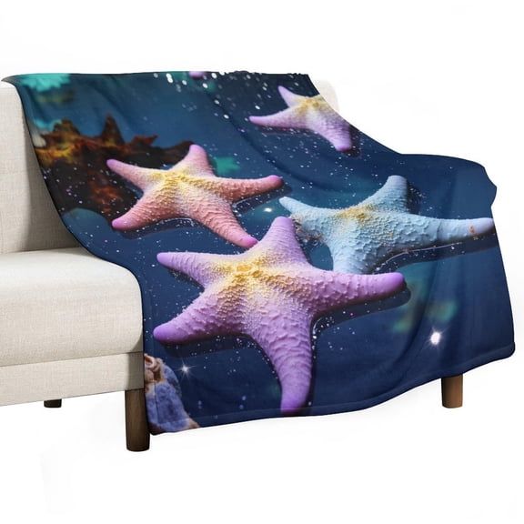 Colorful Starfish on Blue Background Throw Blanket Warm Microfiber Flannel Bedroom Decor Blankets For Beds