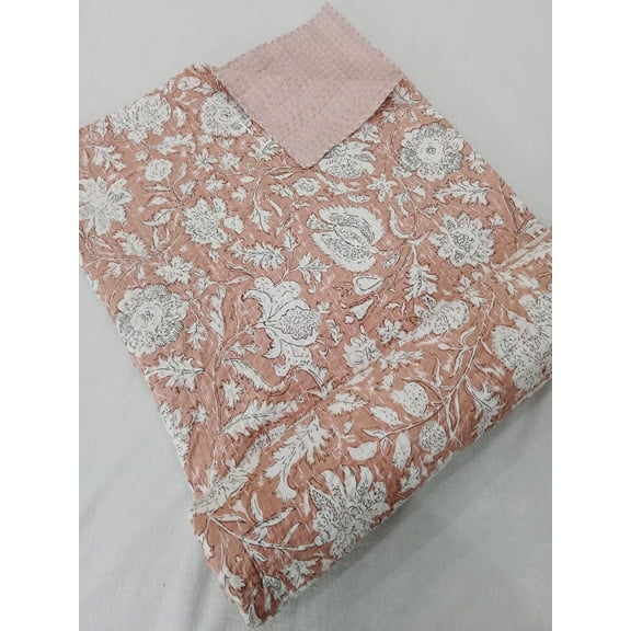 Peach color Floral Kantha Quilt Handmade Cotton Kantha Quilt Twin Size